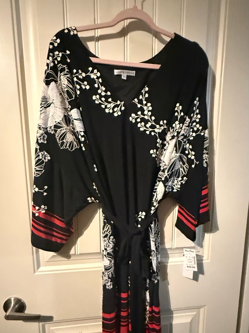 Sandra Darren Black Maxi Dress with White Floral Print and Red Trim